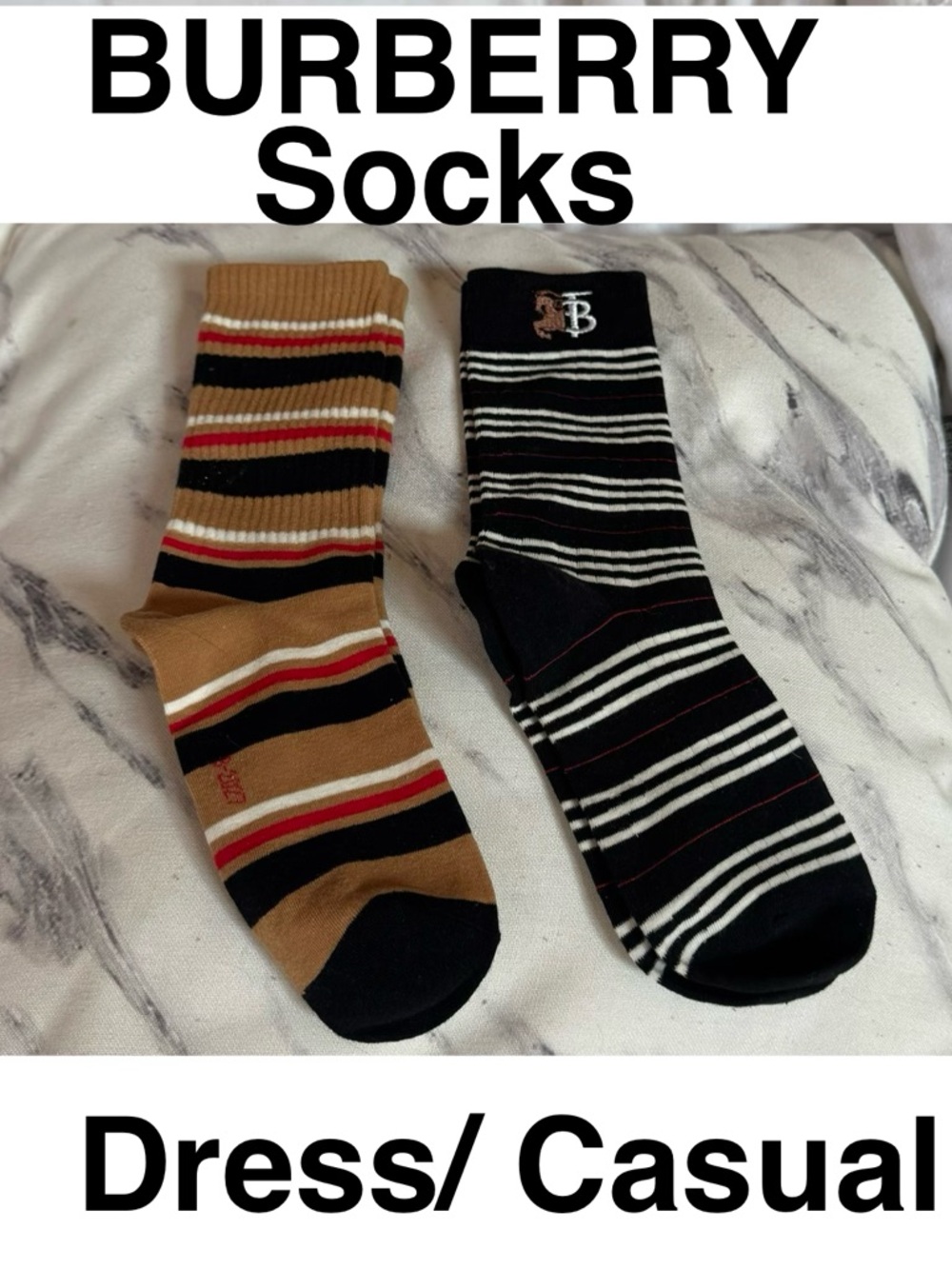 Burberry Men's Striped Dress Socks – Black & Camel with Red and White Accents